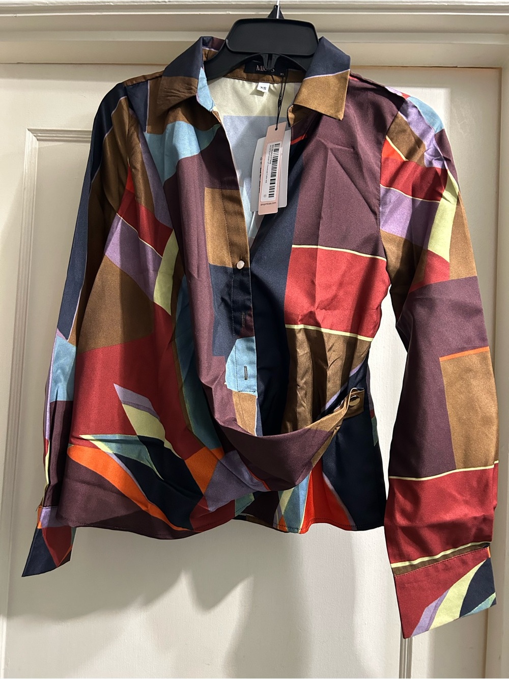 Micas Abstract Multicolor Geometric Button-Down Shirt with Waist Tie